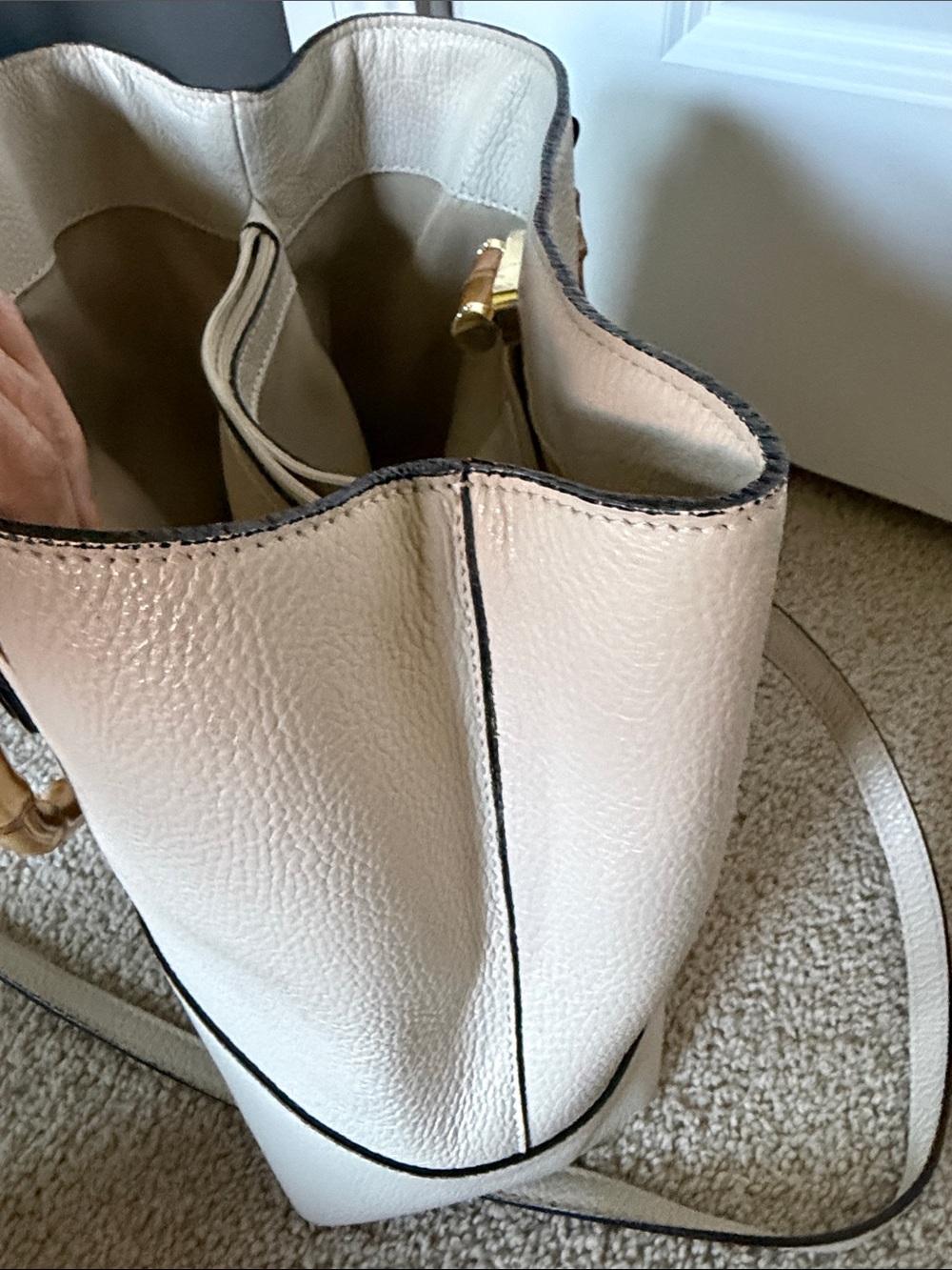 Cream Leather Tote with Bamboo Top Handles - Picture 7 of 8